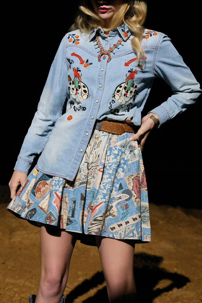 Snap Front Cowgirl Floral Denim Workshirt Top
