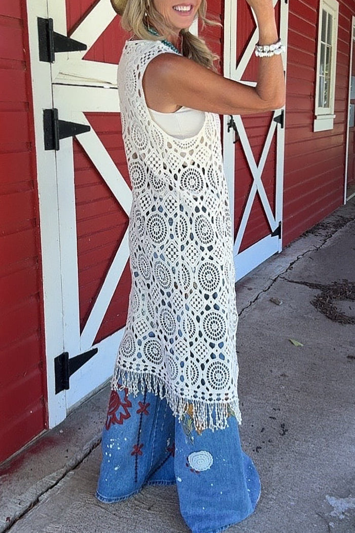 Sleeveless Crochet Fringed Long Duster