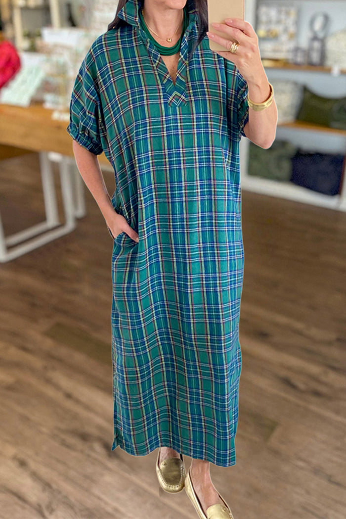 Causal Plaid Pocket Midi Dress