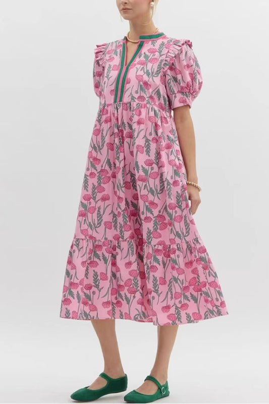 Puff Sleeve Rose Print Dress