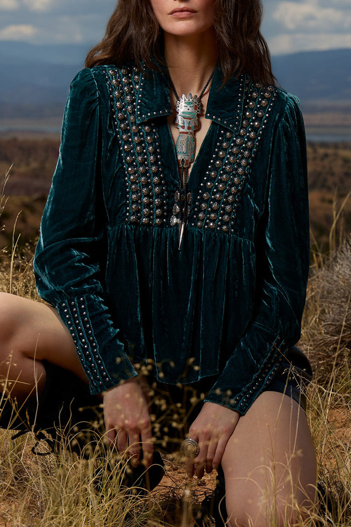Forest Green Velvet Studded Long Sleeve Western Top