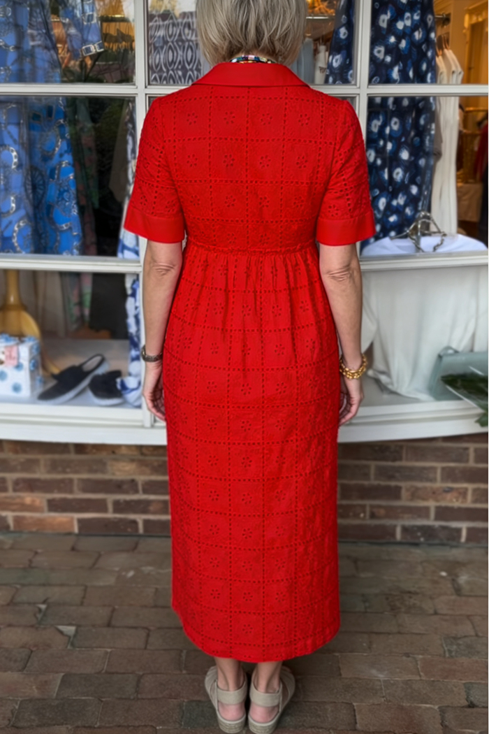 Red Short Sleeve Eyelet Maxi Dress