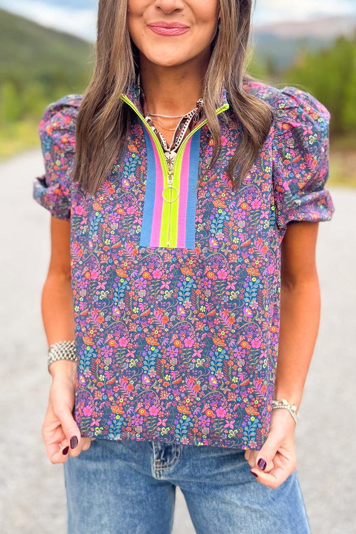 Puff Sleeve Zip Floral Top