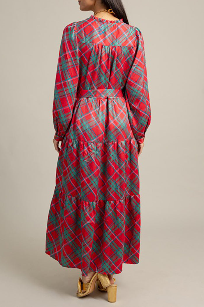 Tiered Plaid V-Neck Maxi Dress