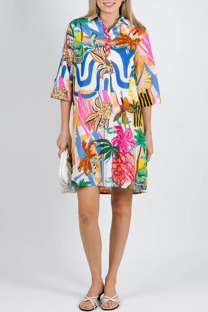 3/4 Sleeve Collared Floral Shirt Dress