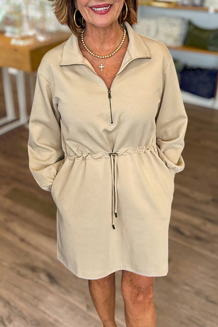 Half-Zip Drawstring-Waist Shirt Dress