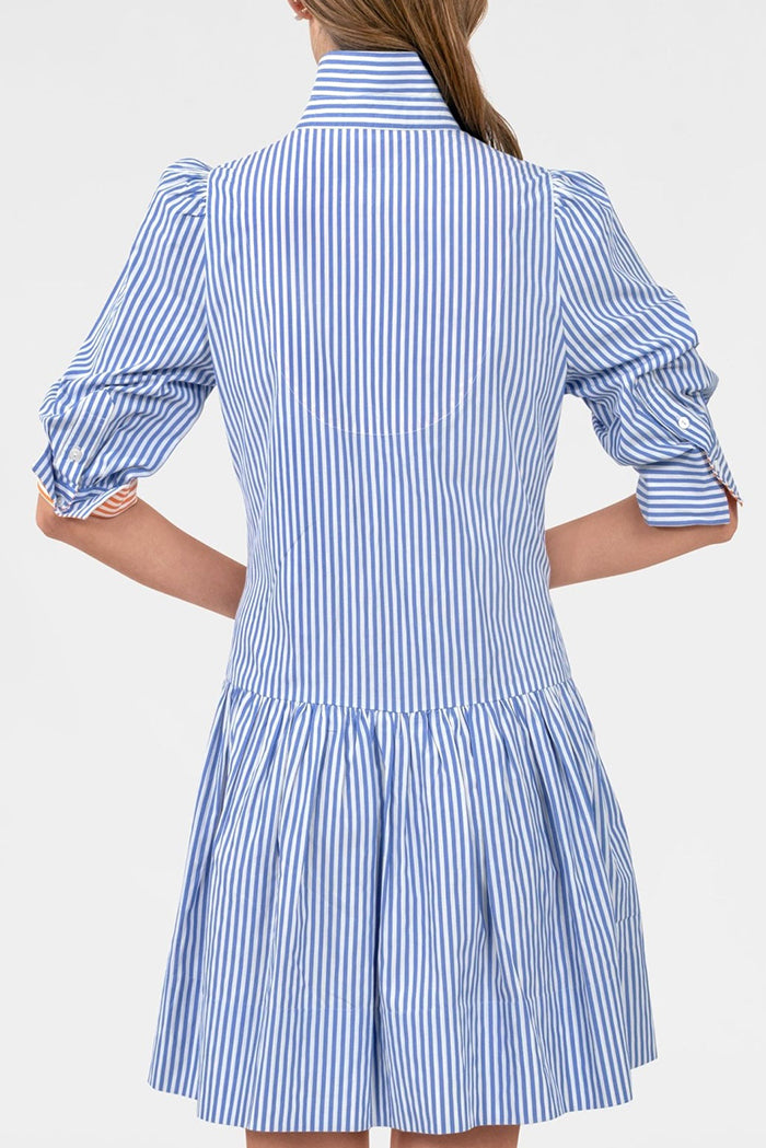 Stripe 3/4 Sleeve Pocket Ruffle Hem Dress