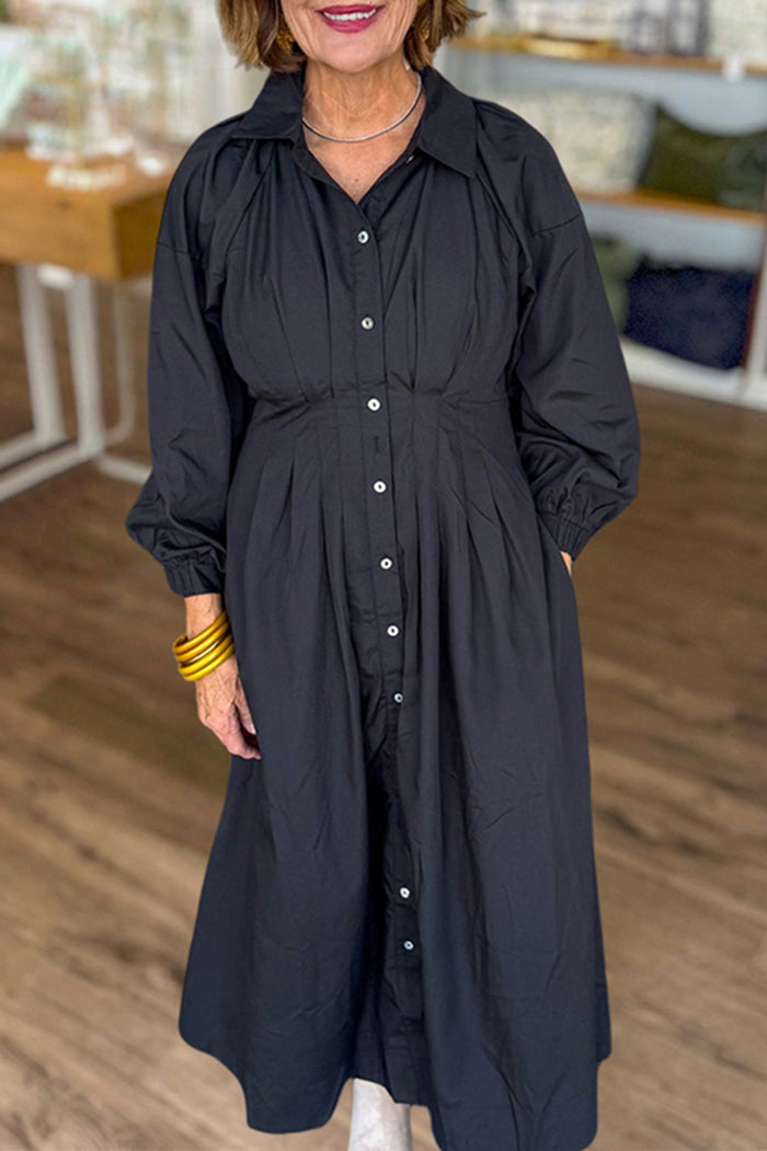 Black Button-Front Pockets Shirt Dress