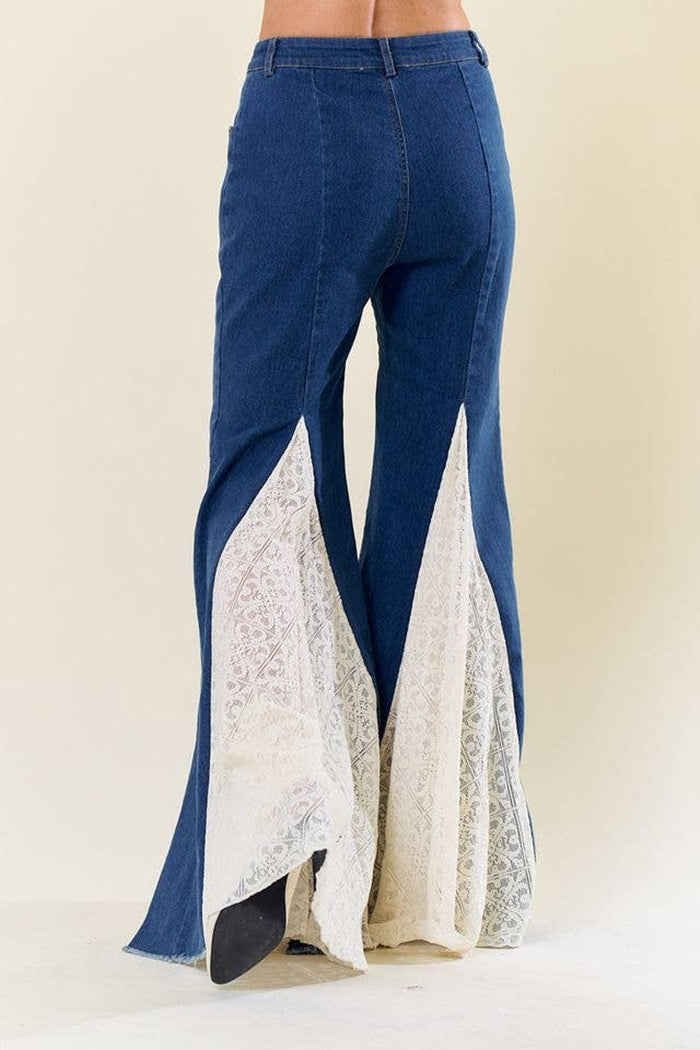 Lace Insert Panel Bell Bottom Stretch Jeans