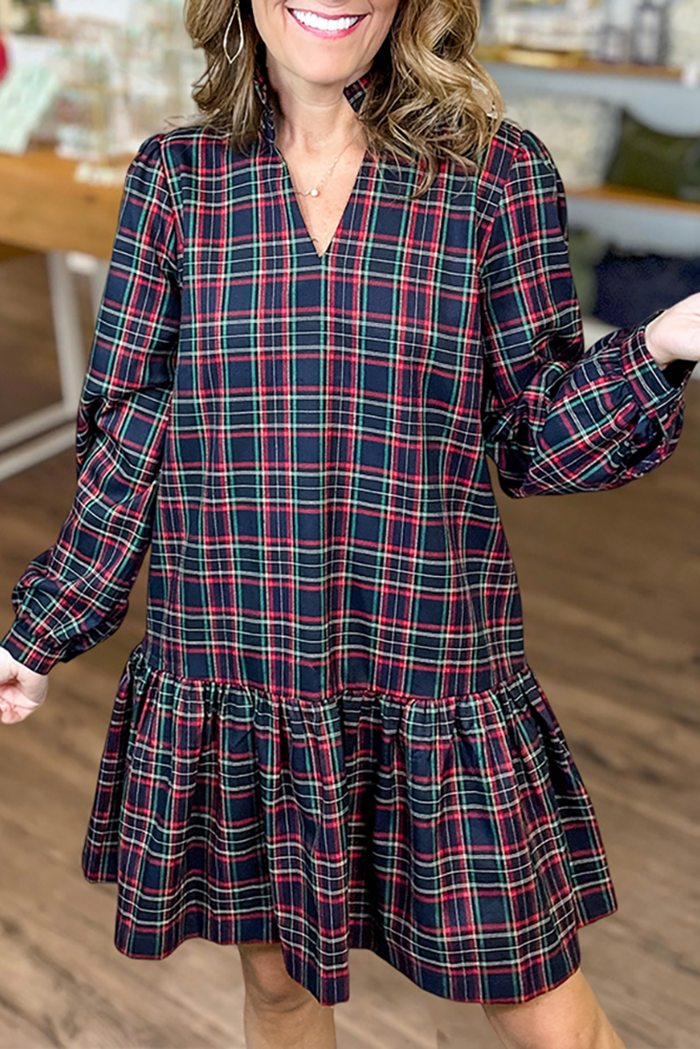 Ruffle Hem Long Sleeves Checker Pocket Dress