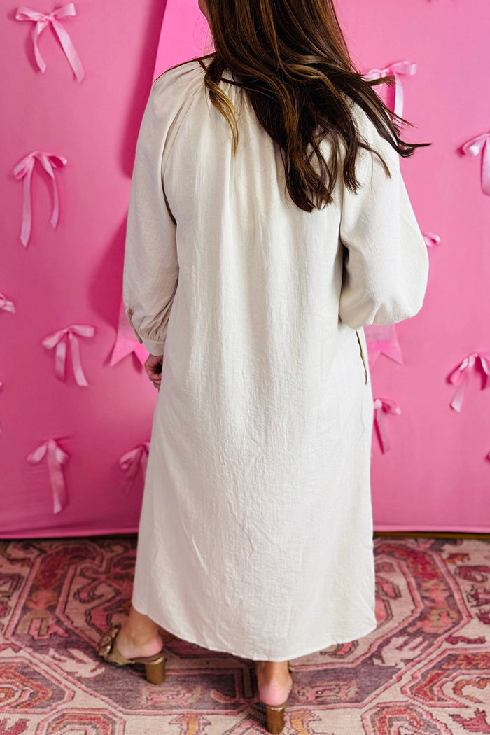 Embroidered Floral Long Sleeve Pocket Maxi Dress