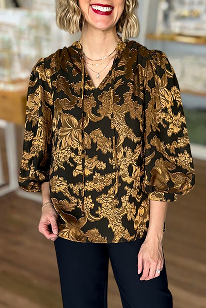 Black & Gold Floral Tie-Neck Blouse