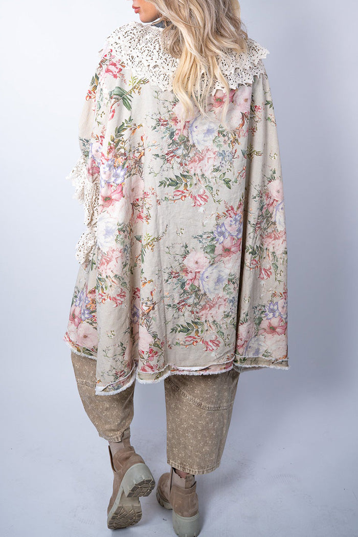 Lace Trim Floral Print Kimono Cardigan