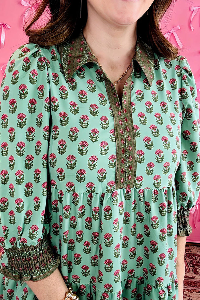 Puff Sleeve Printed Pocket Dress