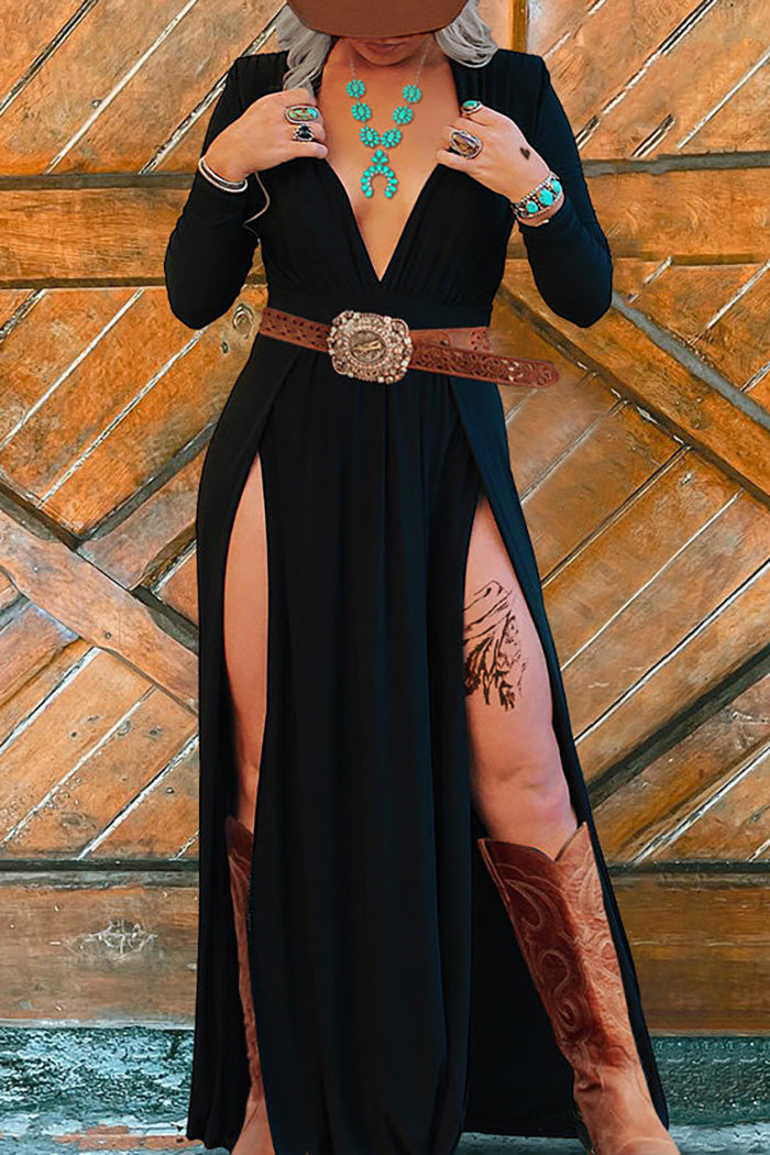 Black Long Sleeve Split Maxi Dress