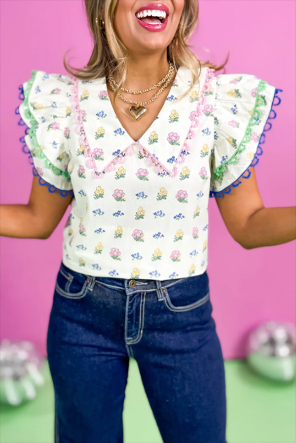 Crochet Scallop Trim Floral Top