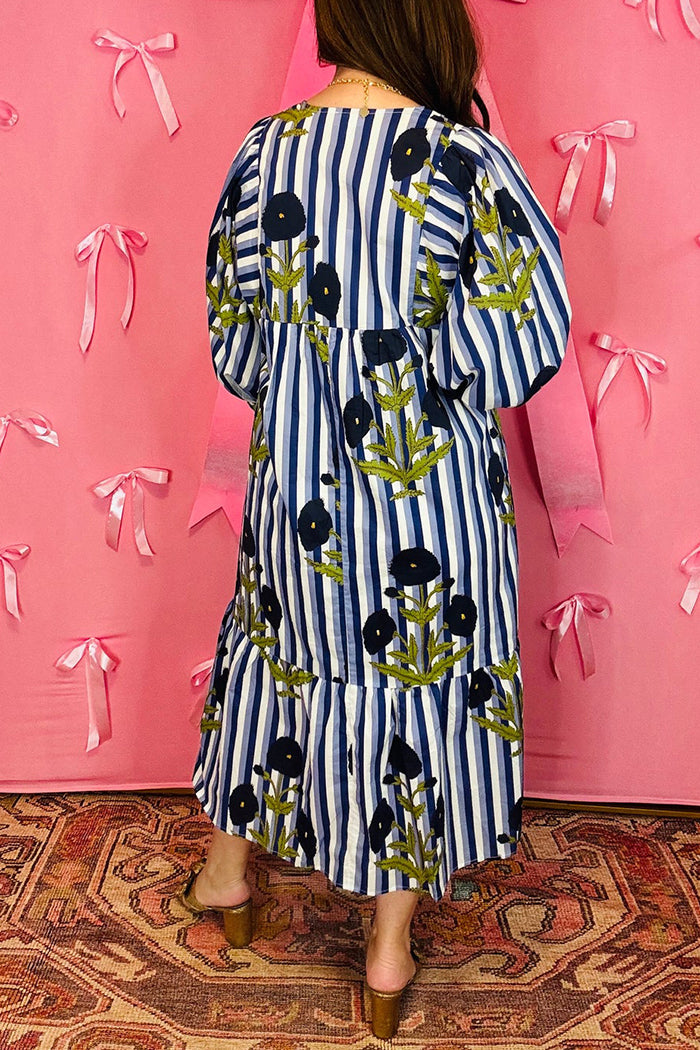 Striped Puff Sleeve Midi Dress