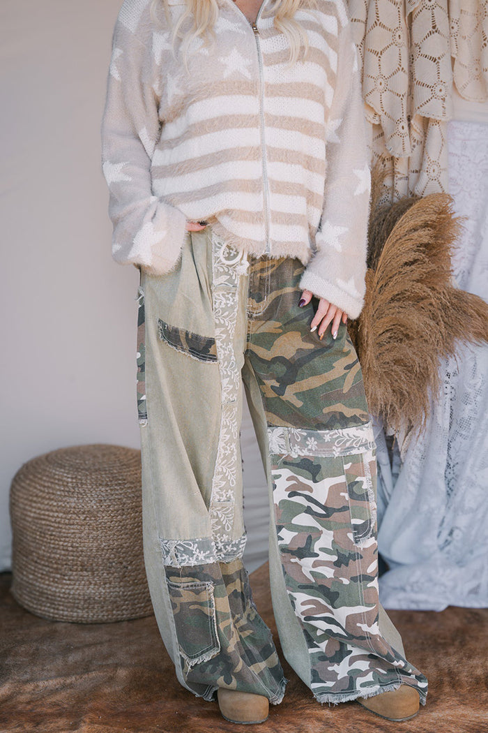 Eclectic Camo-Lace Hybrid Cargo Pants