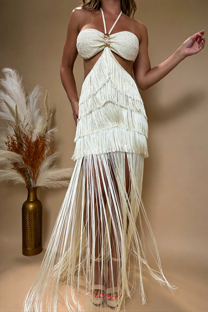 Halter Cutout Layered Fringe Maxi Dress