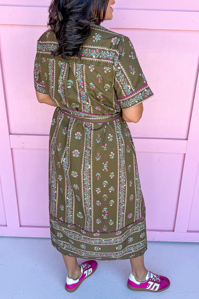 Ruffle Mock Collar Button-Pocket Dress