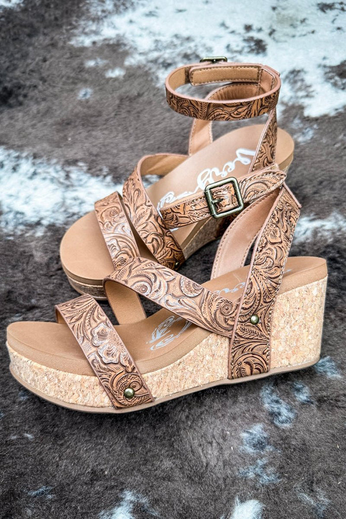 Western Tooled Floral Ankle Buckle Wedge Sandals