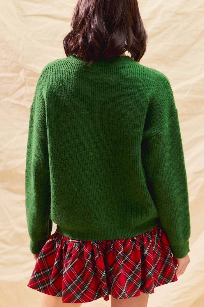 Knit Crewneck Plaid Bow Accent Sweater
