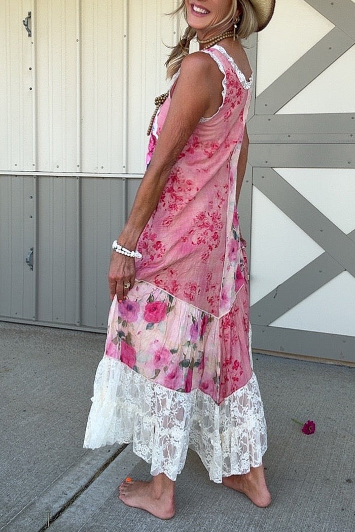Sleeveless Floral Lace Trim Tiered Dress