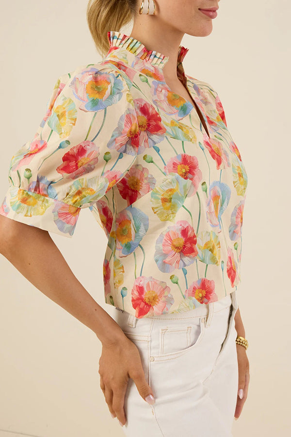 V-Neck Puff Sleeve Floral Top