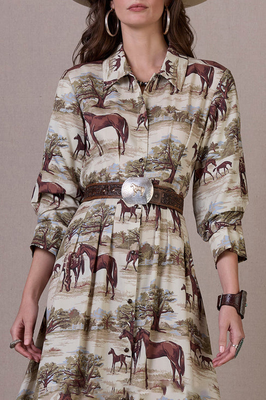 Horse Print Collared 3/4 Sleeve Midi Dress
