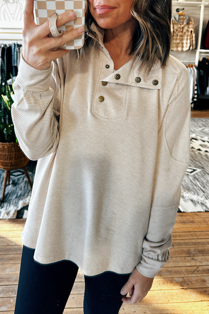 Relaxed-Fit Button-Accent Striped Henley Blouse