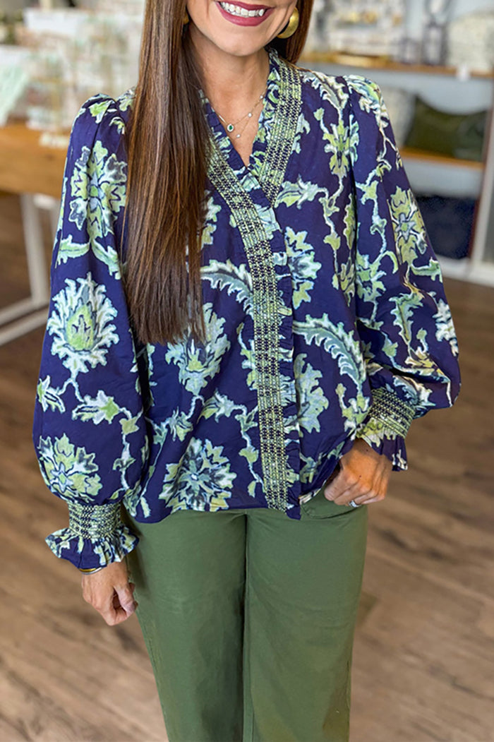 Embellished Trim Vibrant Floral Blouse