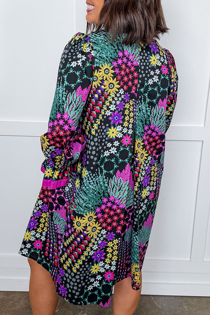 Vibrant Floral Ruffle Cuff Dress