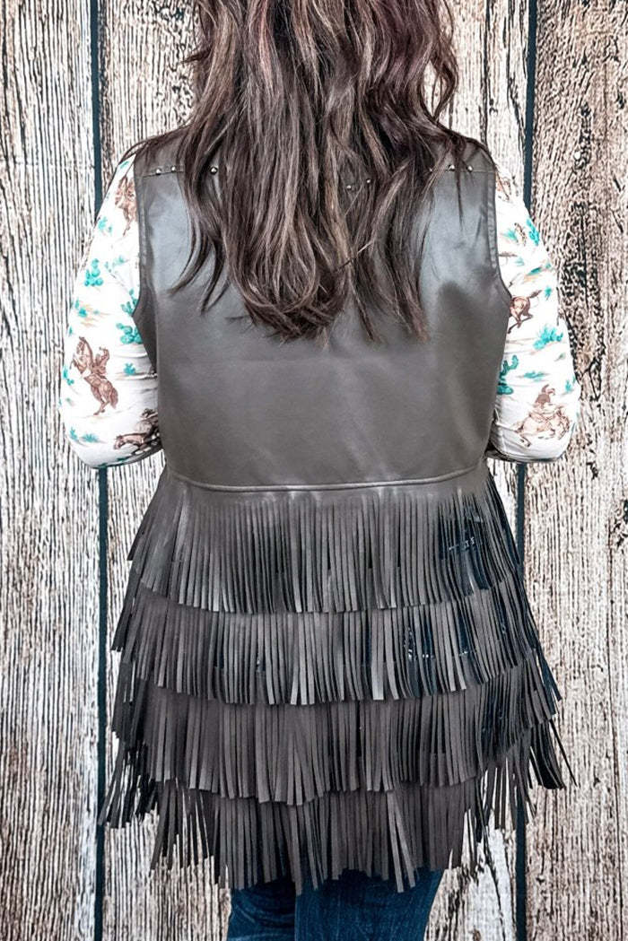 Western Rivet Decor Fringe Tier Brown Sleeveless Vest