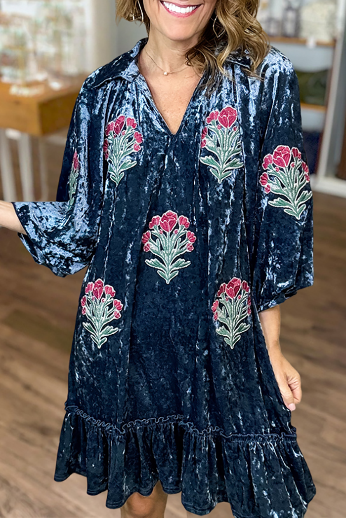 Velvet Floral Embroidered Shirt Collar Ruffled Mini Dress