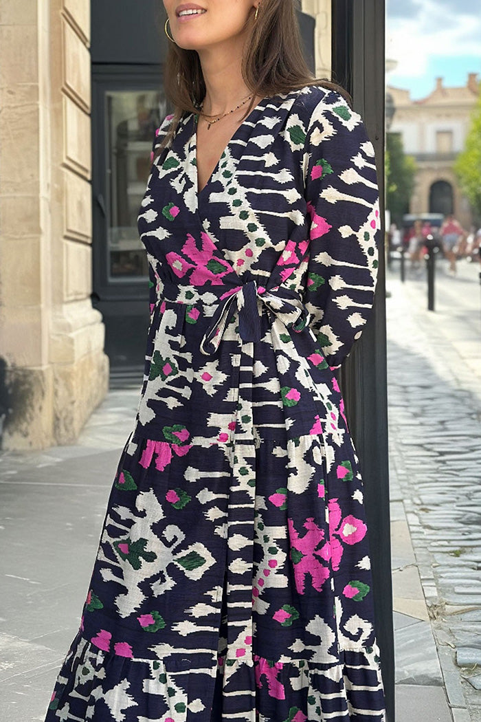 Abstract Floral Print Wrap Tie Waist Maxi Dress