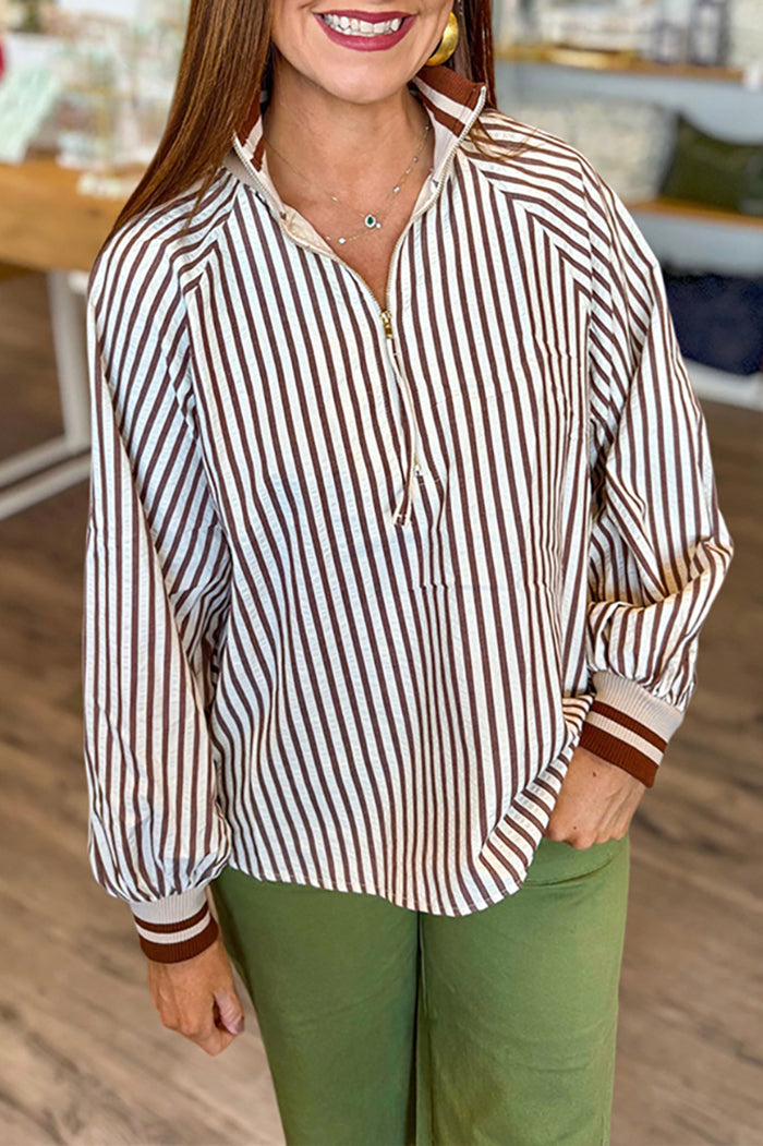 Striped Half-Zip Pullover Top