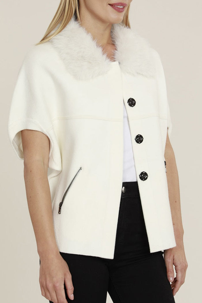 Faux Fur Collar Short Sleeve Cardigan