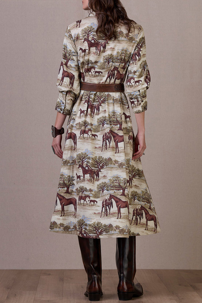 Horse Print Collared 3/4 Sleeve Midi Dress