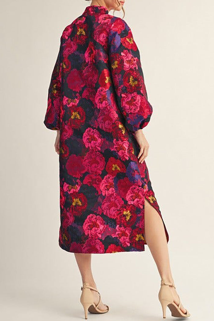 V-Neck Puff Sleeves Floral Pocket Midi Dress