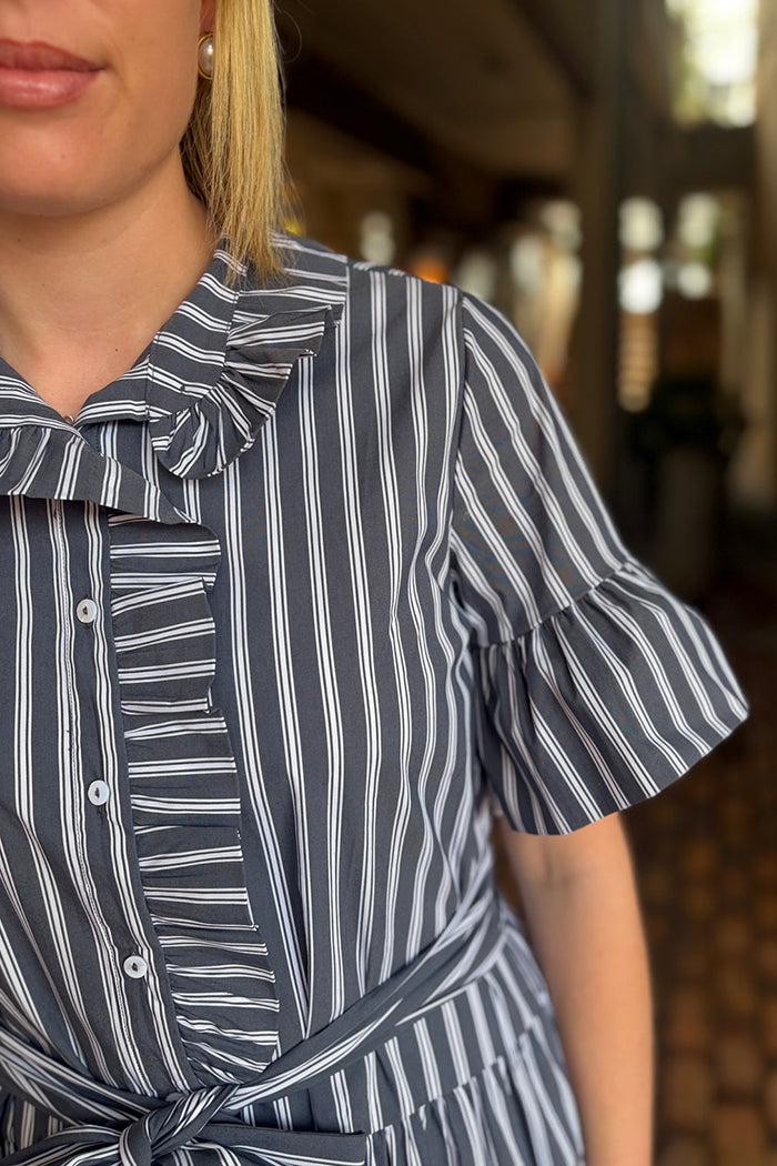 Flared Sleeve Striped Pocket Belted Dress