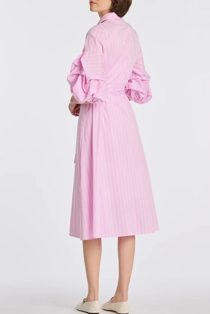 Belted Puff Sleeve Striped Dress