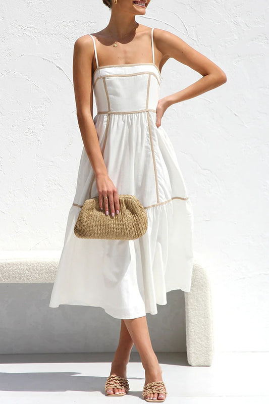 Striped Trim Solid Color Suspender Dress