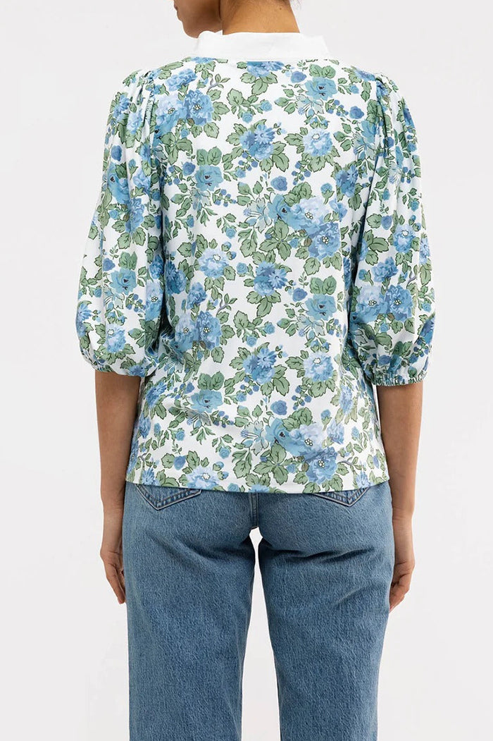 Floral Puff Sleeve Split Collar Top