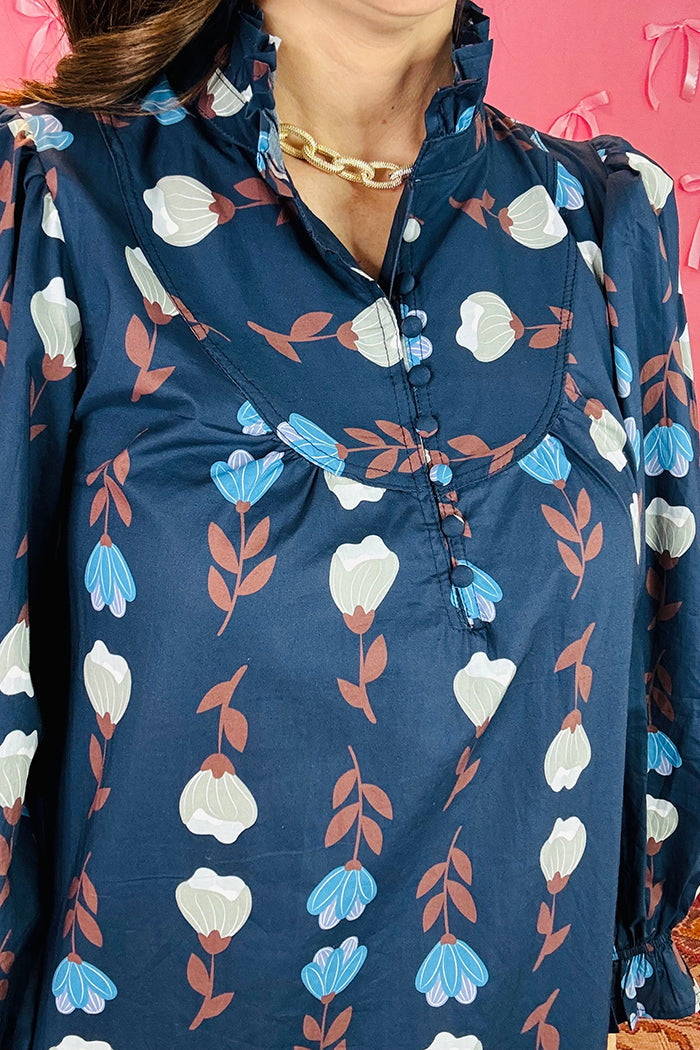 High Neck Ruffle Trim Tiered Hem Dress