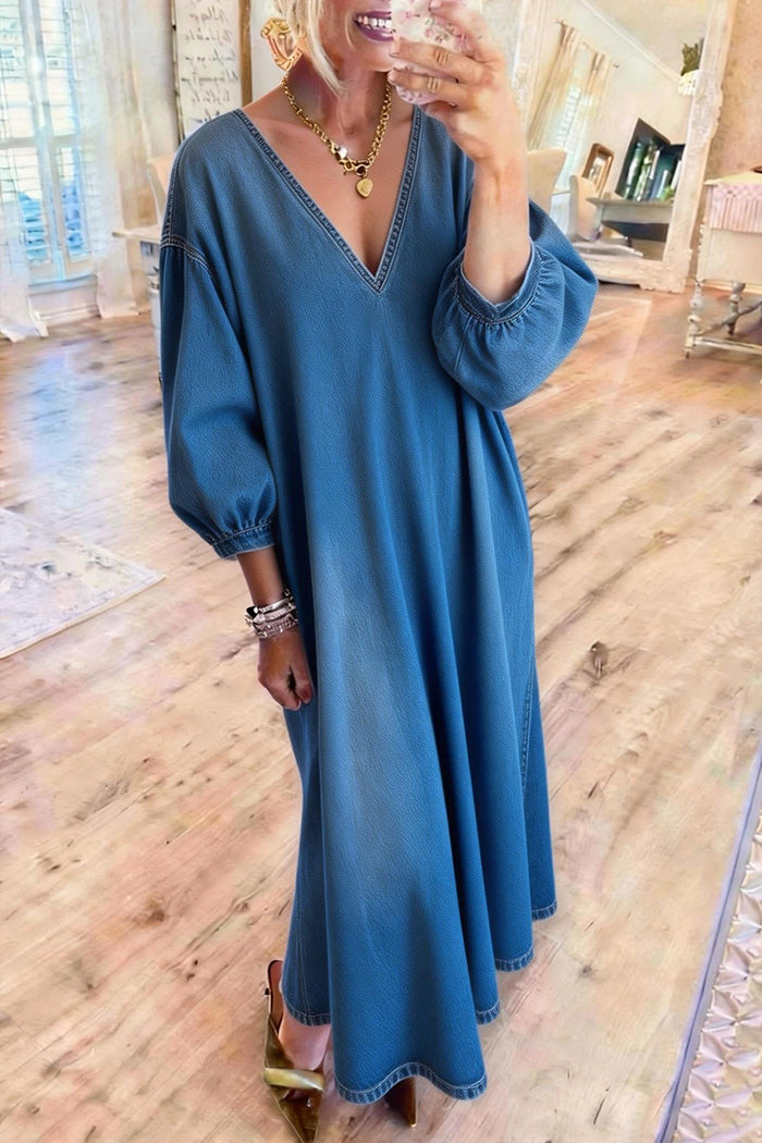 Loose V-Neck Lantern Sleeve Dress