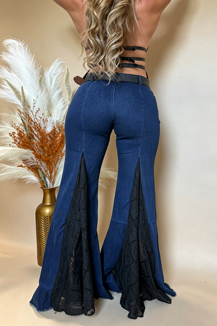 Denim Asymmetrical Lace Insert Bell Bottom Pants
