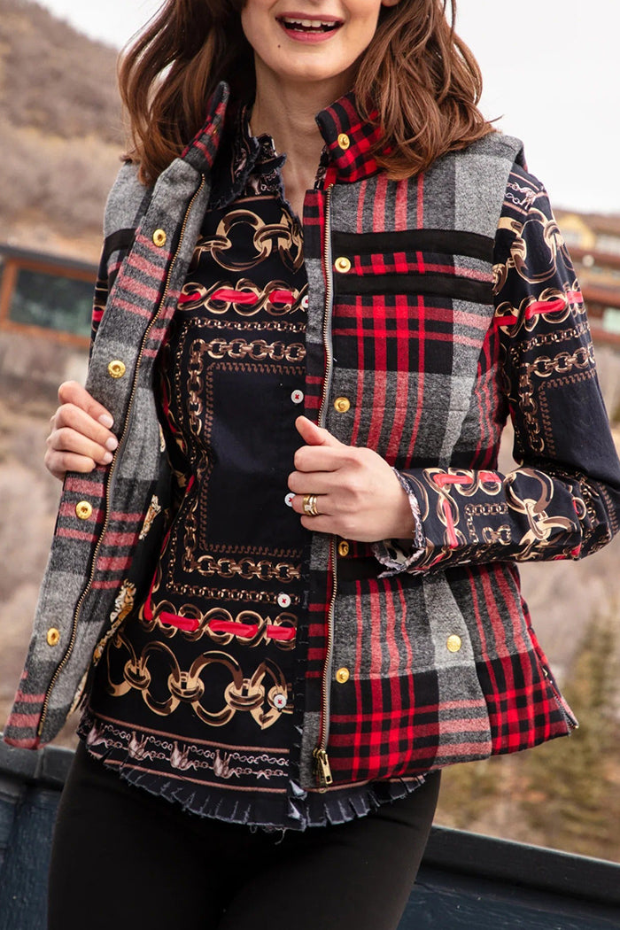 Plaid Gold Button Pocketed Peplum Vest