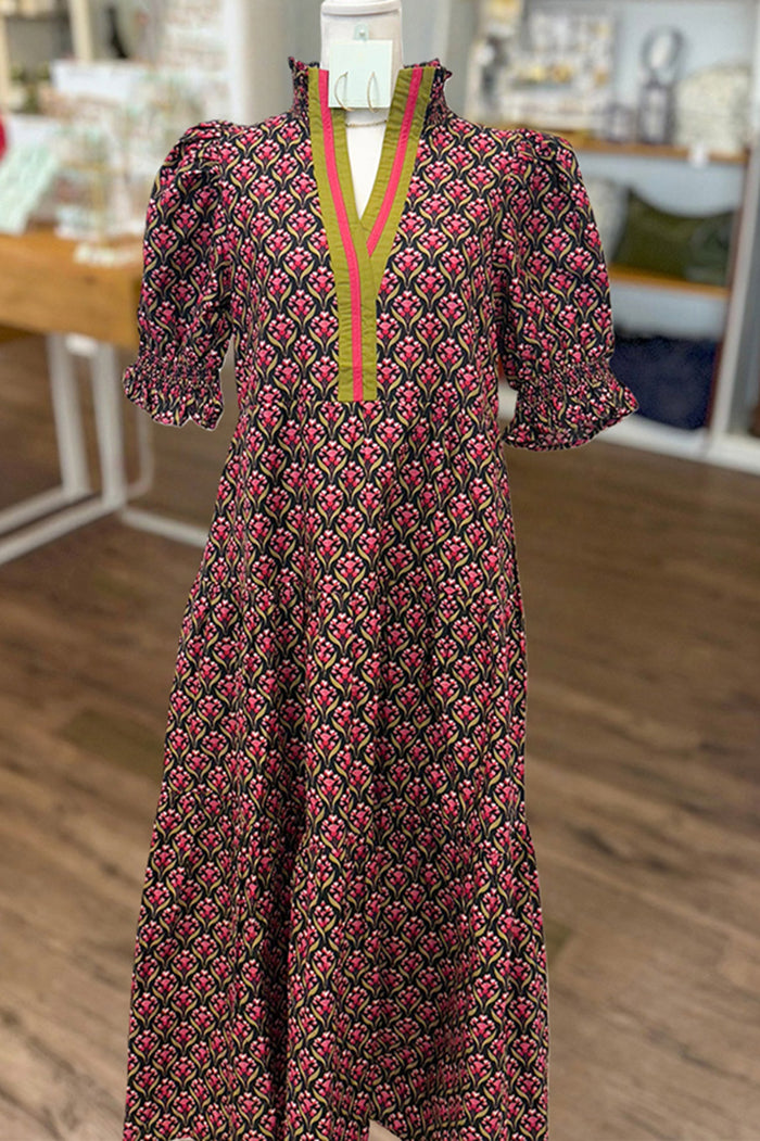 Botanical Print Puff Sleeve Pocket Midi Dress