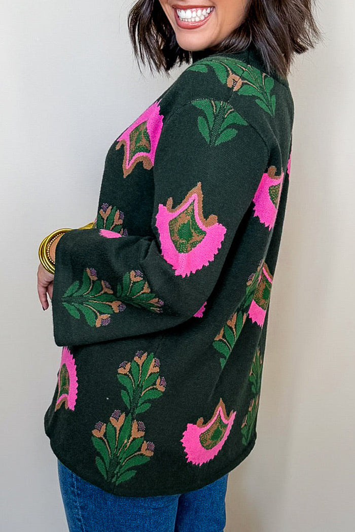 Floral Motif Mock-Neck Oversized Knit Sweater