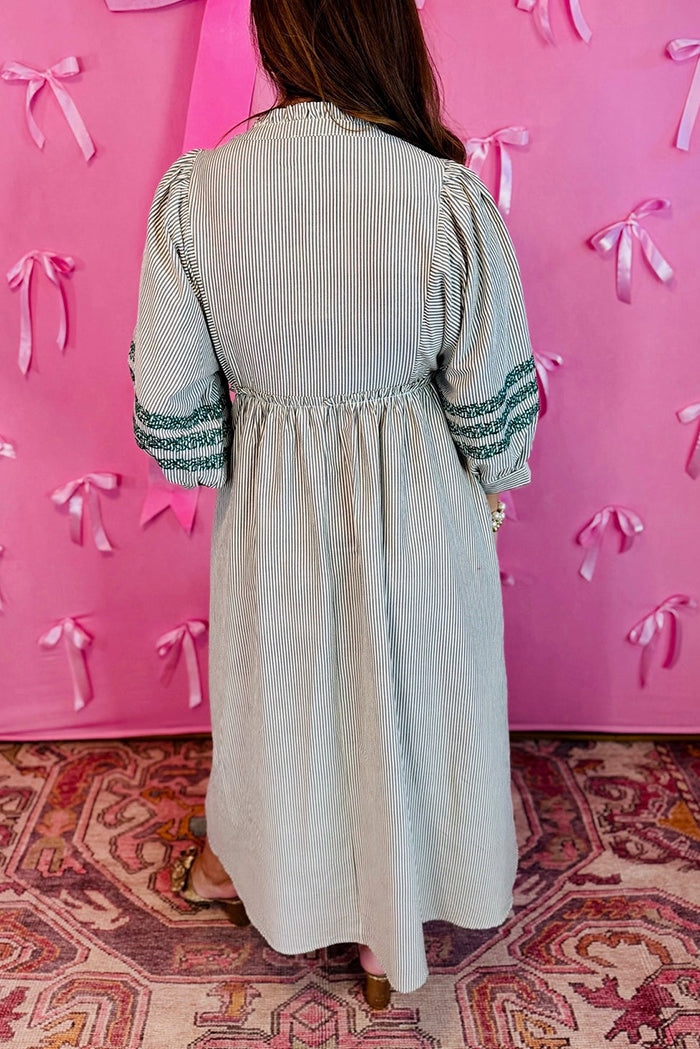 Embroidered Stripe Pocket Midi Dress
